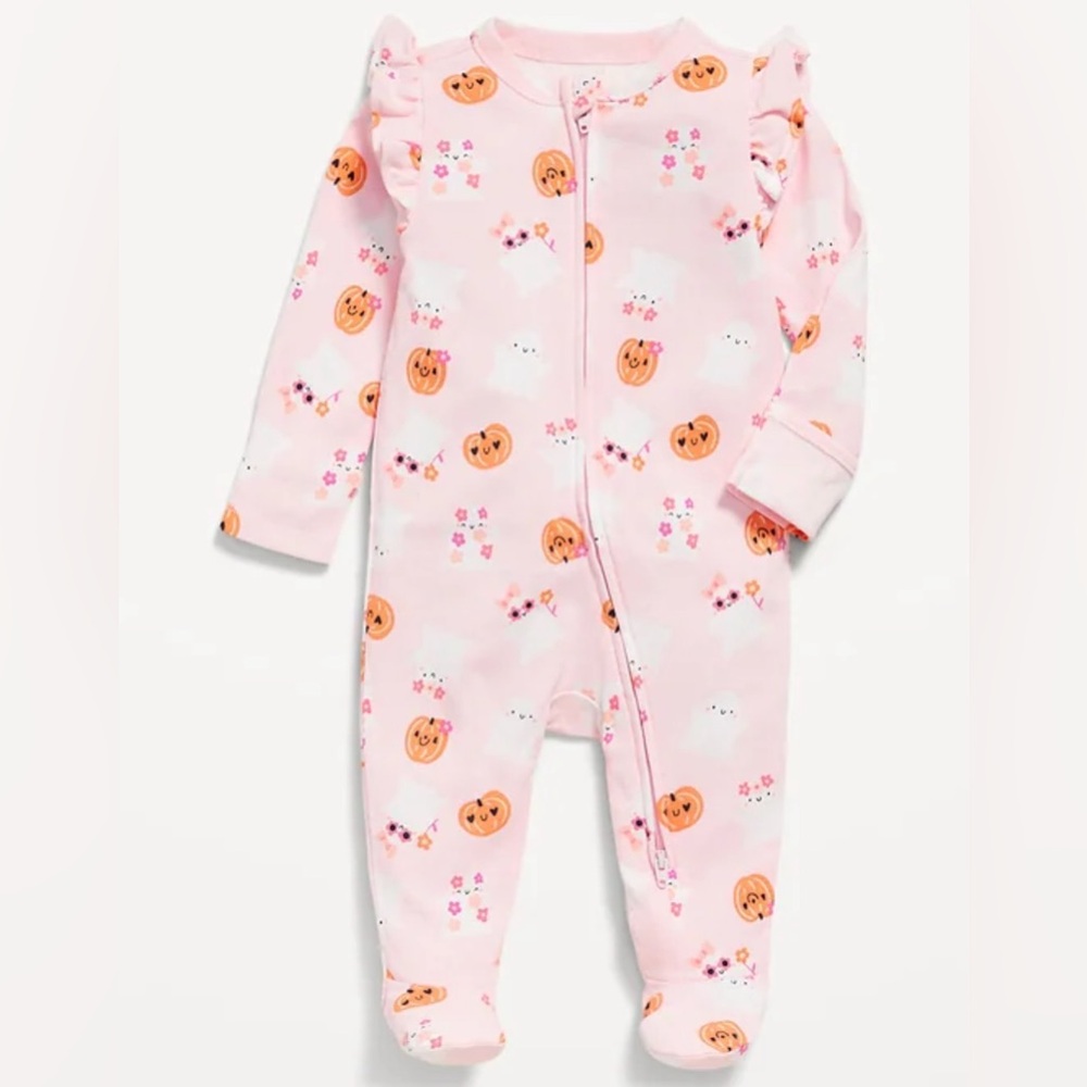 Old Navy Baby Girl Halloween Ghost & Pumpkin 2-Way Zip Footed Sleeper 3–6M